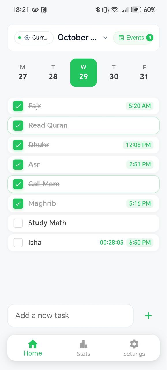 A screenshot of the TAYM mobile application, showing a daily task list integrated with prayer times.